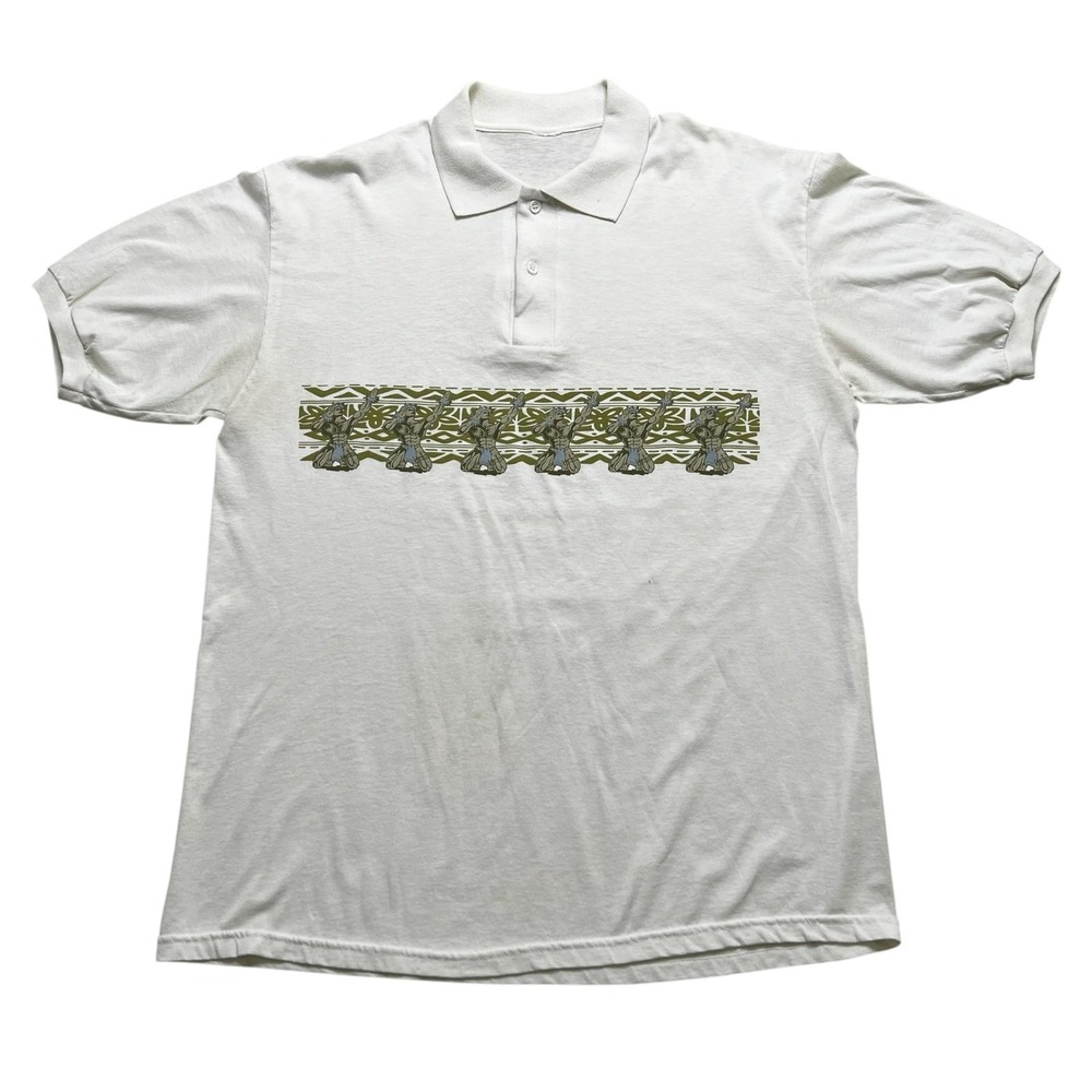 Vintage Polo Shirt Mens M/L Graphic Tribal Warrior Chest Print‎ Short Sleeve